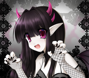 a picture of sneerful the succubus, she has her hands in a rawr position and she has a big smile
